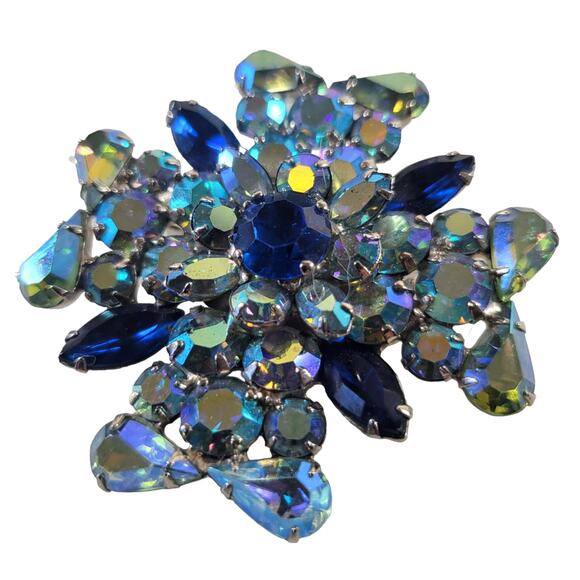 Aurora Borealis Rhinestone Brooch Pin Blue Hues Large  2.31” Sparkle AB Glam - Picture 6 of 9